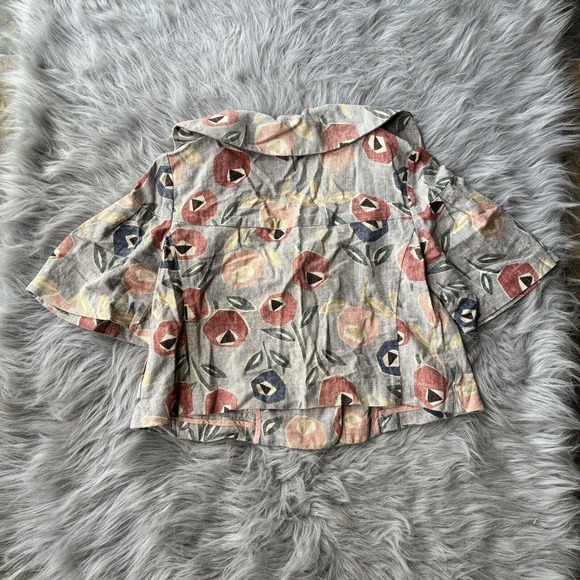 OLIVE DES OLIVE Blouse Top Sz S 1/2 Sleeve Collared Beige Floral Button Up Work - Picture 6 of 10